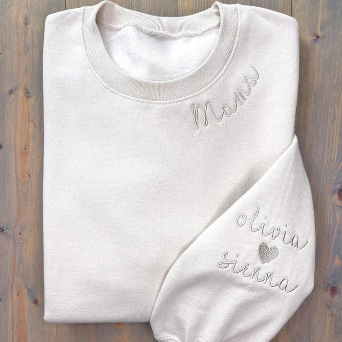 Custom Mama Sweatshirt With Kids Names On Sleeve