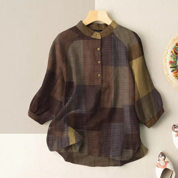 Plaid Lantern Sleeve Mandarin Collar Blouse