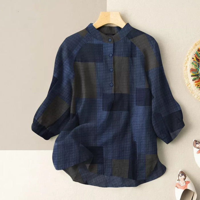 Plaid Lantern Sleeve Mandarin Collar Blouse