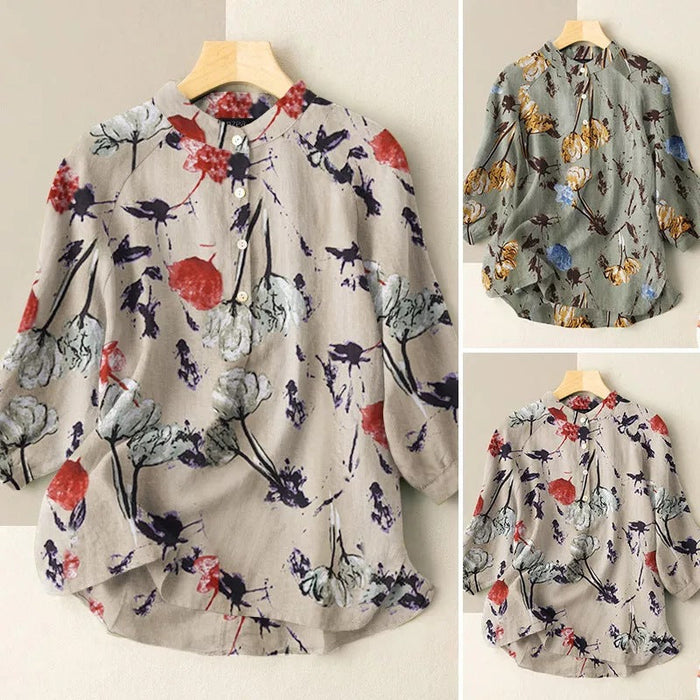 Flower Print Lantern Sleeve Mandarin Collar Blouse