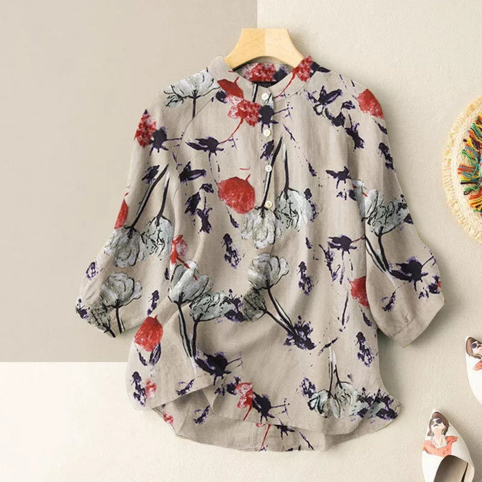 Flower Print Lantern Sleeve Mandarin Collar Blouse