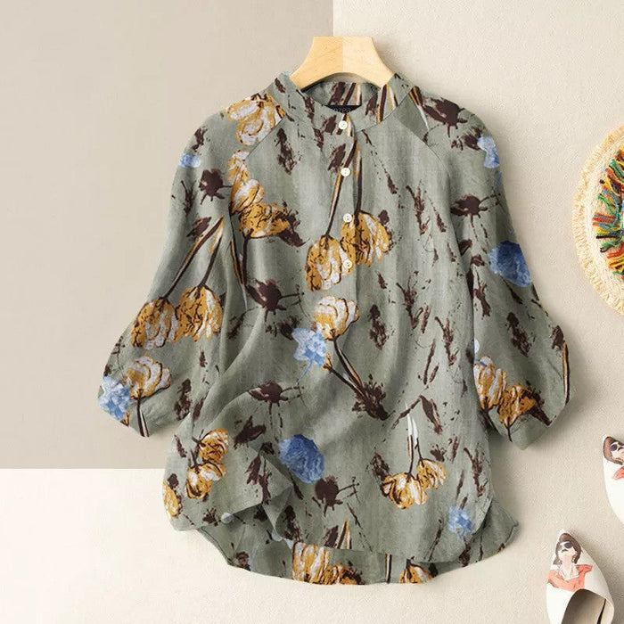 Flower Print Lantern Sleeve Mandarin Collar Blouse