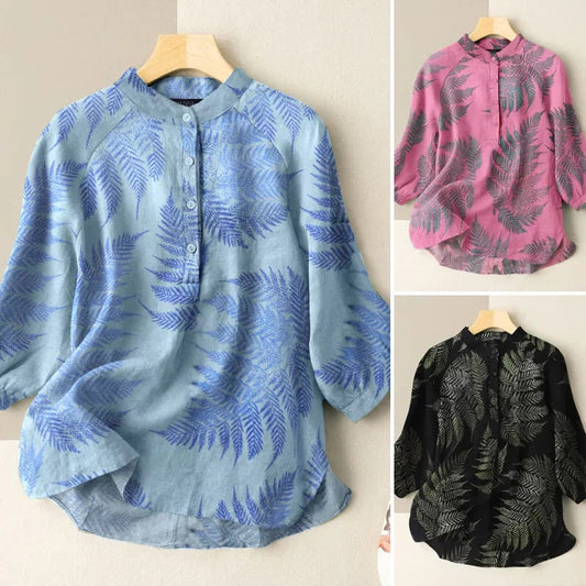 Leaf Print Lantern Sleeve Casual Blouse