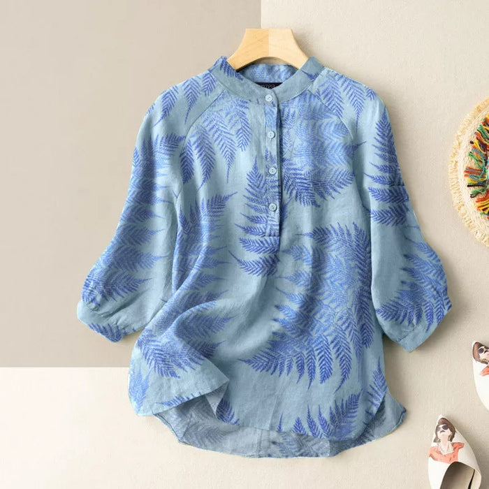 Leaf Print Lantern Sleeve Casual Blouse