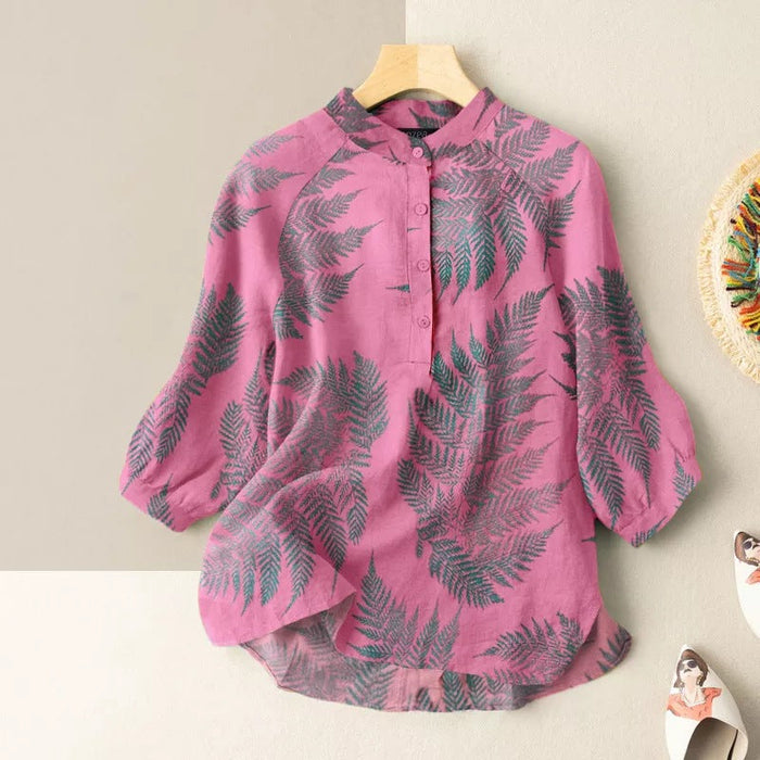 Leaf Print Lantern Sleeve Casual Blouse