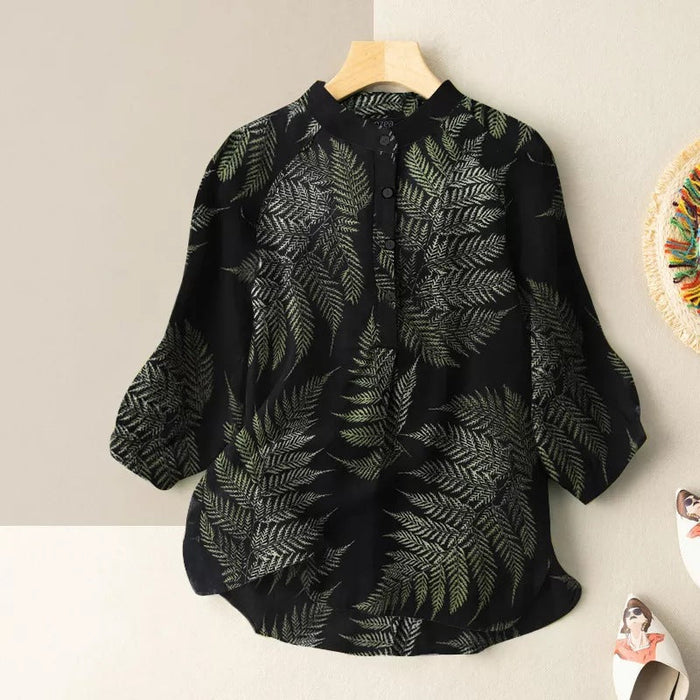 Leaf Print Lantern Sleeve Casual Blouse